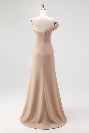 Light Khaki Jersey Sheath One Shoulder Pleated Long Formal Dress